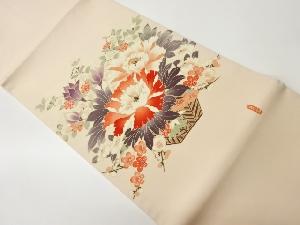 作家物　塩瀬金彩花瓶に花々模様開き名古屋帯（額縁仕立て）